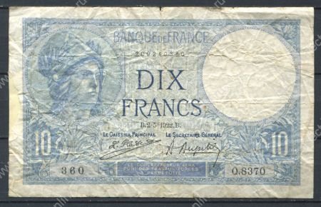 Франция 1922 г. • P# 73c • 10 франков • богиня Минерва • крестьянка • регулярный выпуск • F*