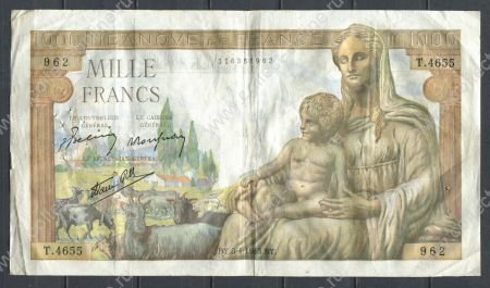 Франция 1943 г. (BY-8-4) • P# 102 • 1000 франков • Церера, Гермес и Меркурий • регулярный выпуск • VF-*