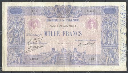 Франция 1926 г. (Paris 20-07) • P# 65k • 1000 франков • "blue & rose" • регулярный выпуск • VF*