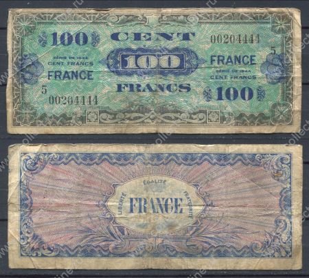Франция 1944 г. • P# 123c • 100 франков • (блок 5) Союзные войска • оккупационный выпуск • F-*