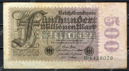 Германия 1923 г. • P# 110a • 500 млн. марок • регулярный выпуск • XF-