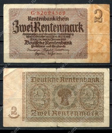 Германия • 3-й рейх 1937 г. • P# 174b • 2 рентенмарки • сноп пшеницы • № - 8 цифр • регулярный выпуск • F+