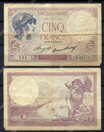 Франция 1933 г. (2-2) • P# 72e • 5 франков • женщина в шлеме • регулярный выпуск • VG+