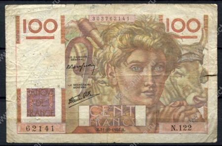 Франция 1946 г. (H 31-10) • P# 128a • 100 франков • фермер и бык • регулярный выпуск • F-VF*