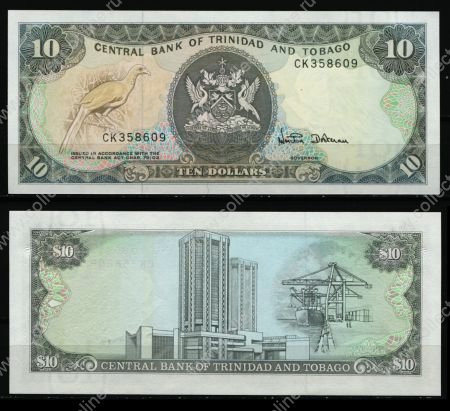 Тринидад и Тобаго 1985 г. • P# 38d • 10 долларов • государственный герб • здание нацбанка • регулярный выпуск • UNC пресс