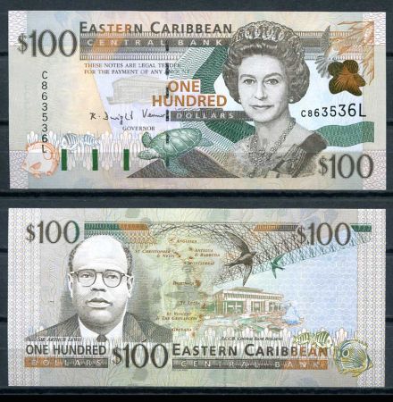 Восточные Карибы • Сент-Люсия 2000 г. L • P# 41l • 100 долларов • Елизавета II • Сэр Артур Льюис • регулярный выпуск • UNC пресс ( кат. - $ 220+ )