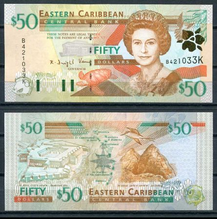 Восточные Карибы • Сент-Киттс 2000 г. • P# 40k • 50 долларов • Елизавета II • форт Бримстон • регулярный выпуск • UNC пресс