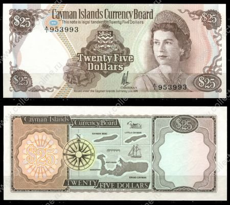 Каймановы о-ва 1974 г. • P# 8a • 25 долларов • Елизавета II • карты островов • регулярный выпуск • UNC пресс ®®