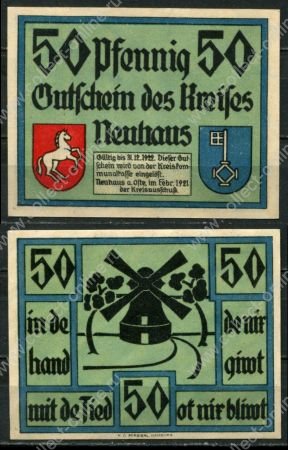 Нойхаус 1921 г. • 50 пфеннигов • гербы • мельница • нотгельд • UNC пресс