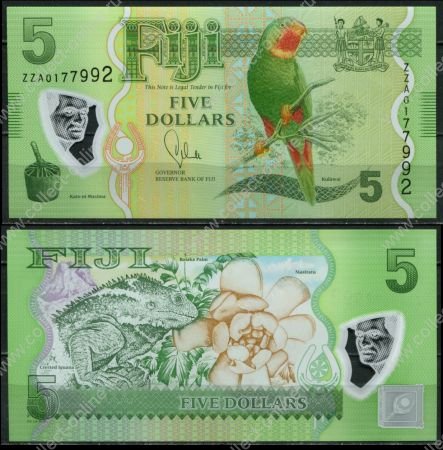 Фиджи 2012 г. • P# 115a • 5 долларов • попугай • регулярный выпуск(пластик) серия ZZ • UNC пресс