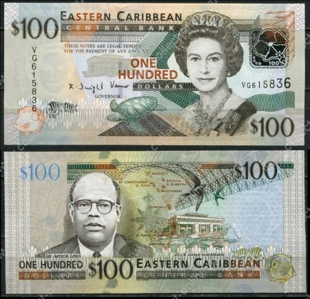 Восточные Карибы 2008 г. • P# 51 • 100 долларов • Елизавета II • карта островов, сэр Артур Льюис • серия VG • UNC пресс ( кат. - $ 175 )
