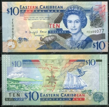 Восточные Карибы 2008 г. • P# 48 • 10 долларов • Елизавета II • парусник • серия FD • UNC пресс ( кат. - $18 )