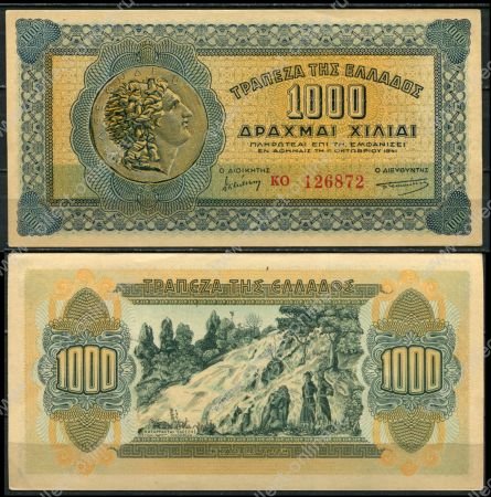 Греция 1941 г. • P# 117b • 1000 драхм • тип I (серия "КЛ" слева) • Александр Македонский (античная монета) • регулярный выпуск • UNC пресс-