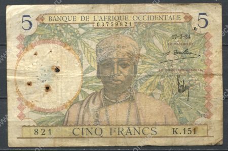 Французская Западная Африка 1934 г. (17-7) • P# 21 • 5 франков • плетение ковров • регулярный выпуск • F-