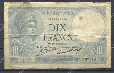 Франция 1932 г. (25-8) • P# 73d • 10 франков • богиня Минерва • крестьянка • регулярный выпуск • F*