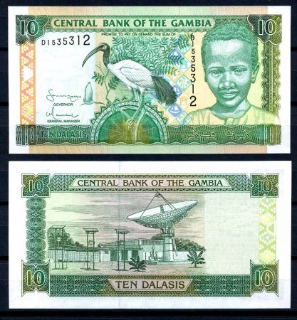 Гамбия 2001 г. • P# 21c • 10 даласи • ибис • здание госбанка • регулярный выпуск • UNC пресс