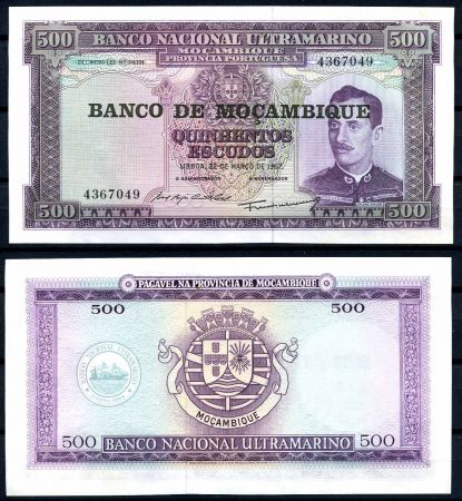 Мозамбик 1967 г. (1976) • P# 118 • 500 эскудо • надпечатка нацбанка • регулярный выпуск • UNC пресс
