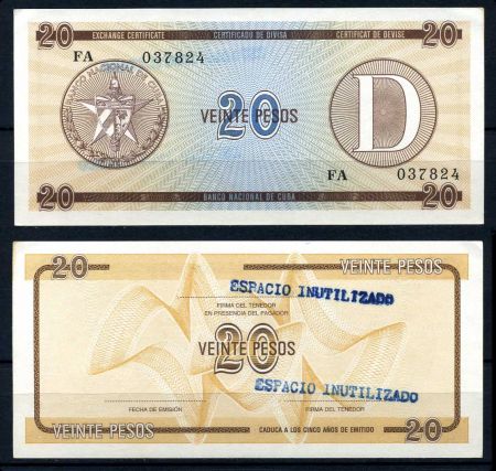 Куба 1985 г. • P# FX36 • 20 песо • Серия D • валютный сертификат • UNC пресс