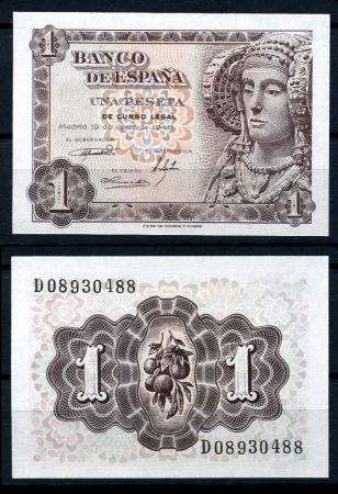 Испания 1948 г. • P# 135 • 1 песета • Дама из Эльче • регулярный выпуск • UNC пресс