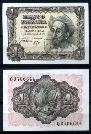 Испания 1951 г. • P# 139 • 1 песета • Дон Кихот • регулярный выпуск • UNC пресс