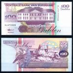 Суринам 1998 г. • P# 139b • 100 гульденов • здание Нацбанка • тукан • регулярный выпуск • UNC пресс