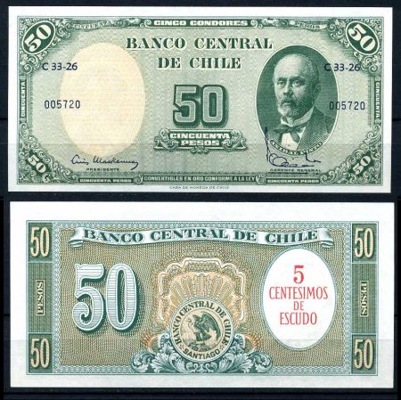 Чили 1960 г. • P# 126b • 5 сентаво на 50 песо (надпечатка) • экстренный выпуск • UNC пресс