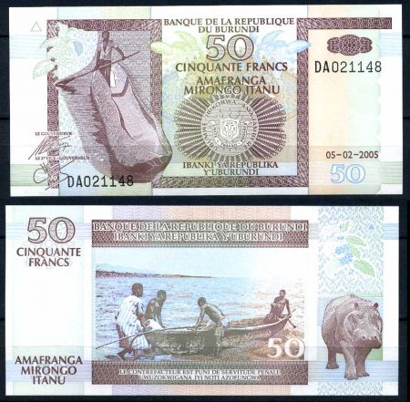 Бурунди 2005 г. • P# 36e • 50 франков • каноэ, бегемот • регулярный выпуск • UNC пресс
