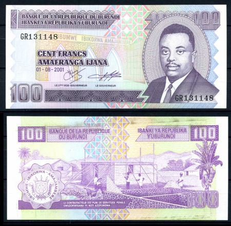 Бурунди 2001 г. • P# 37c • 100 франков • Луи Рвагасоре • регулярный выпуск • UNC пресс