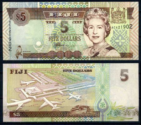 Фиджи 2002 г. • P# 105 • 5 долларов • Елизавета II • аэропорт • регулярный выпуск • UNC пресс