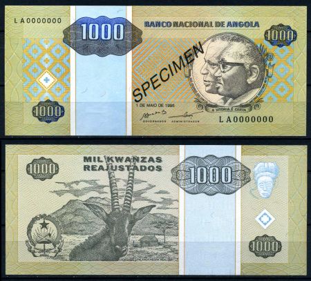 АНГОЛА 1995г. P# 135 / 1000 КВАНЗА UNC ПРЕСС SPECIMEN / ФАУНА