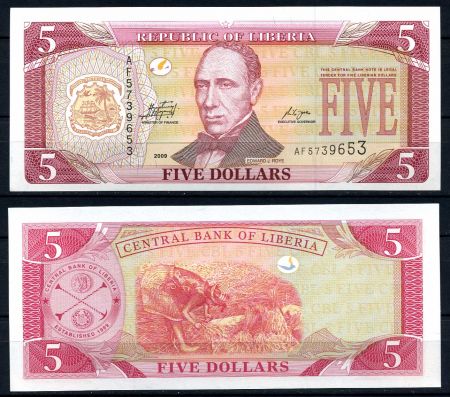 Либерия 2009 г. • P# 26e • 5 долларов • Эдвард Джеймс Рой • регулярный выпуск • UNC пресс