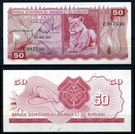 Руанда 1960 г. • P# 2 • 50 франков • львица • регулярный выпуск • UNC пресс