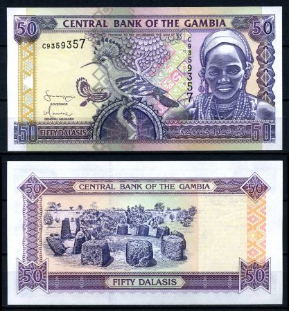 Гамбия 2005 г. • P# 23c • 50 даласи • удод • каменный круг • регулярный выпуск • UNC пресс