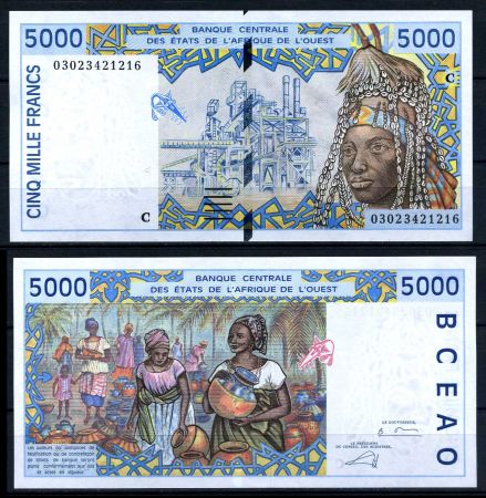 Западноафриканский союз • Буркина-Фасо 1991 г. (2003) • P# 313Cm • 5000 франков • регулярный выпуск • UNC пресс