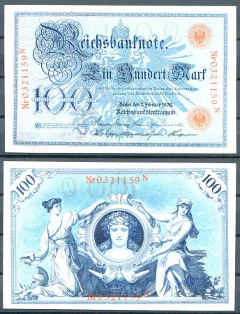 Германия 1908 г. • P# 33a Q • 100 марок • красный номер • регулярный выпуск • UNC пресс ( кат. - $ 20+ )