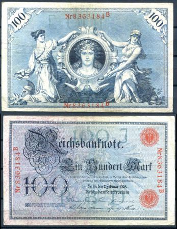 Германия 1908 г. • P# 33a J • 100 марок • красный номер • регулярный выпуск • F ( кат. - $ 7 )