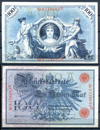 Германия 1908 г. • P# 33a A • 100 марок • красный номер • регулярный выпуск • XF+ ( кат. - $ 15+ )