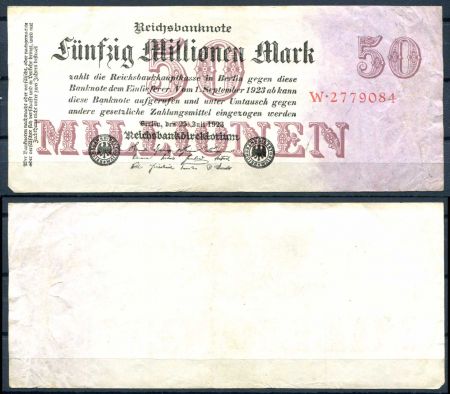 ГЕРМАНИЯ 1923г. P#98a / 50 млн. МАРОК VF