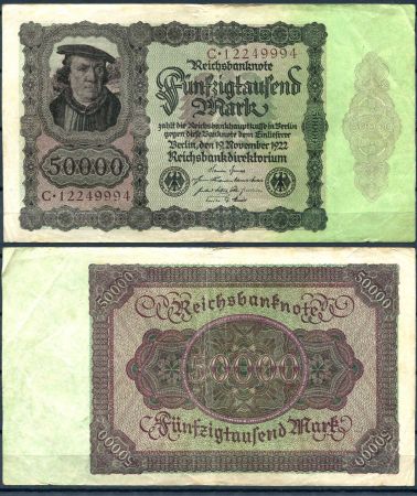 Германия 1922 г. P# 80 • 50 тыс. марок • бургомистр Арнольд фон Браувеллер • регулярный выпуск • XF ( кат. - $15 )