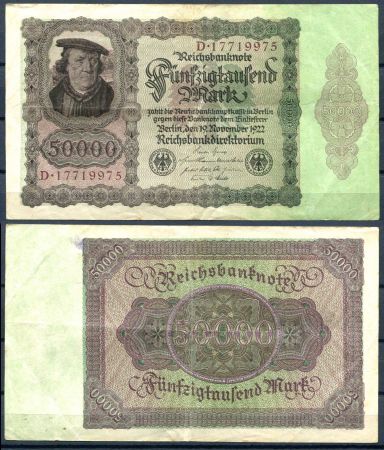 Германия 1922 г. P# 80 • 50 тыс. марок • бургомистр Арнольд фон Браувеллер • регулярный выпуск • XF+ ( кат. - $20 )
