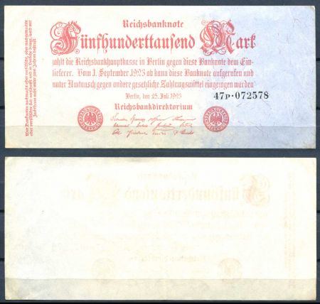 ГЕРМАНИЯ 1923г. P#92 / 500 тыс. МАРОК XF+