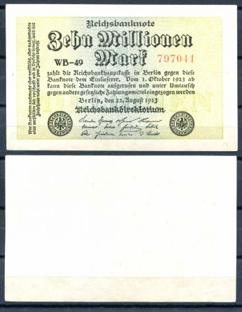 ГЕРМАНИЯ 1923г. P#106b / 10 млн. МАРОК AUNC