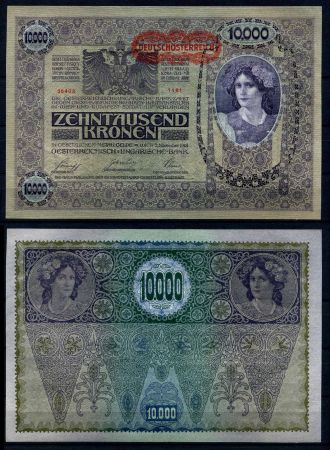 Австрия 1919 г. • P# 65 • 10000 крон • надпечатка "Deutschosterreich" • регулярный выпуск • UNC пресс