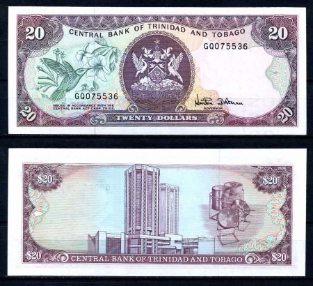 Тринидад и Тобаго 1985 г. • P# 39d • 20 долларов • государственный герб • здание нацбанка • регулярный выпуск • UNC пресс