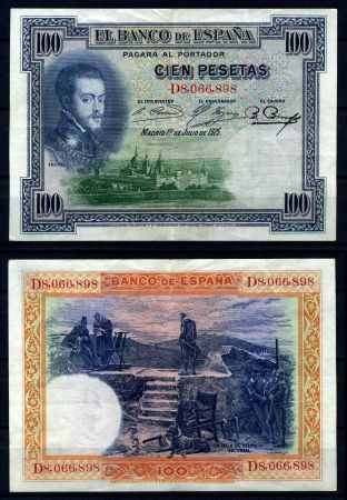 Испания 1925 г. (1936) • P# 69c • 100 песет • Филипп II • республиканский выпуск • XF+