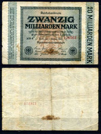 Германия 1923 г. • P# 118a • 20 миллиардов марок • в.з. "G/D" • F-