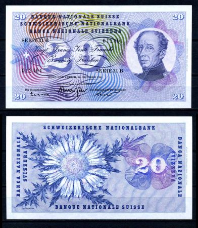 Швейцария 1961 г. • P# 46i • 20 франков • Гийом-Анри Дюфур • регулярный выпуск • UNC пресс