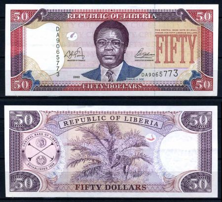 Либерия 2002 г. • P# 24 • 50 долларов • Сэмюэл Каньон Доу • регулярный выпуск • UNC пресс