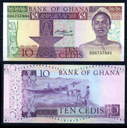 Гана 1980 г. • P# 20b • 10 цеди • рыбаки с сетью • регулярный выпуск • UNC пресс