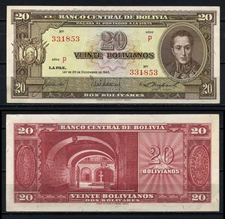 Боливия 1945 г. • P# 140 • 20 боливиано • Симон Боливар • монетный двор • регулярный выпуск • AUNC пресс